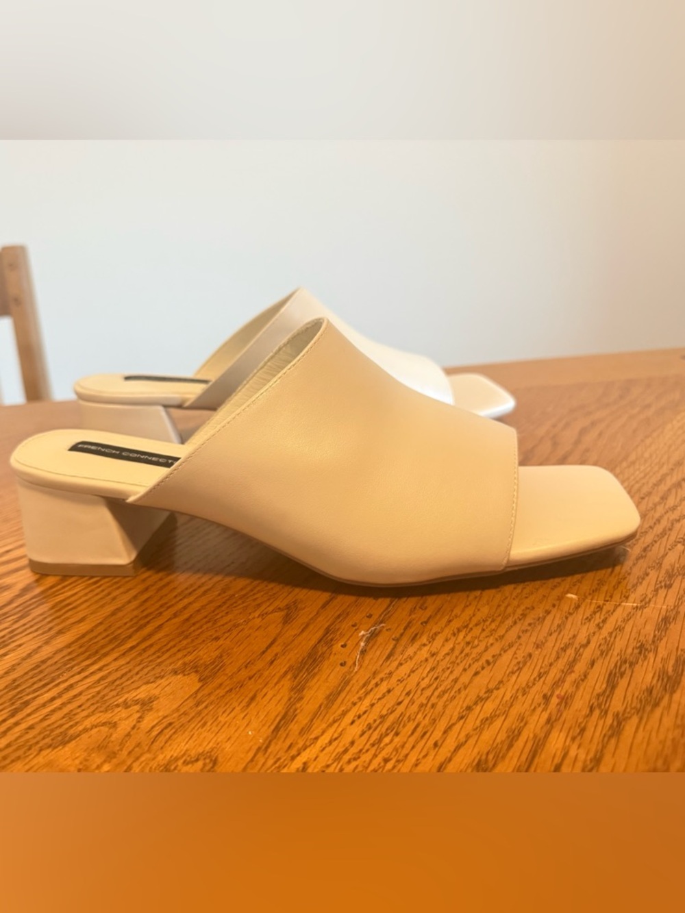 French Connection "Dinner" Block Heel Slide Sandals in Cream.